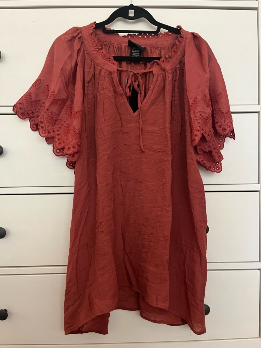 Boho Tie-Neck Peasant Blouse in Rust